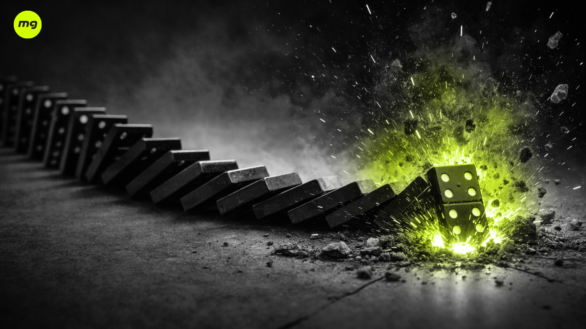 Domino effect ending in a sudden break, exposing structural weakness under pressure.